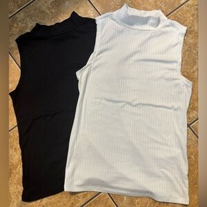Eye Candy Ribbed Mock Neck Tank Tops - Black and White